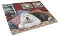 Old English Sheepdog Sweet Dreams Cutting Board Tempered Glass Kitchen Cutting Surface, Heat Resistant Chopping, Non-Slip Feet, Food Prep & Serving