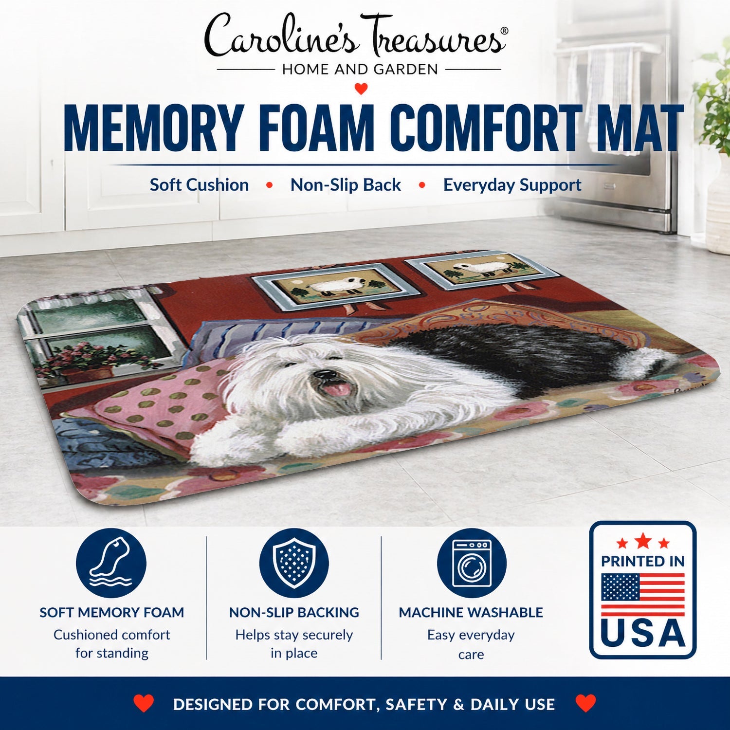 Old English Sheepdog Sweet Dreams Memory Foam Kitchen Mat Machine Washable Anti-Fatigue Cushion Comfort Bath or Kitchen Rug
