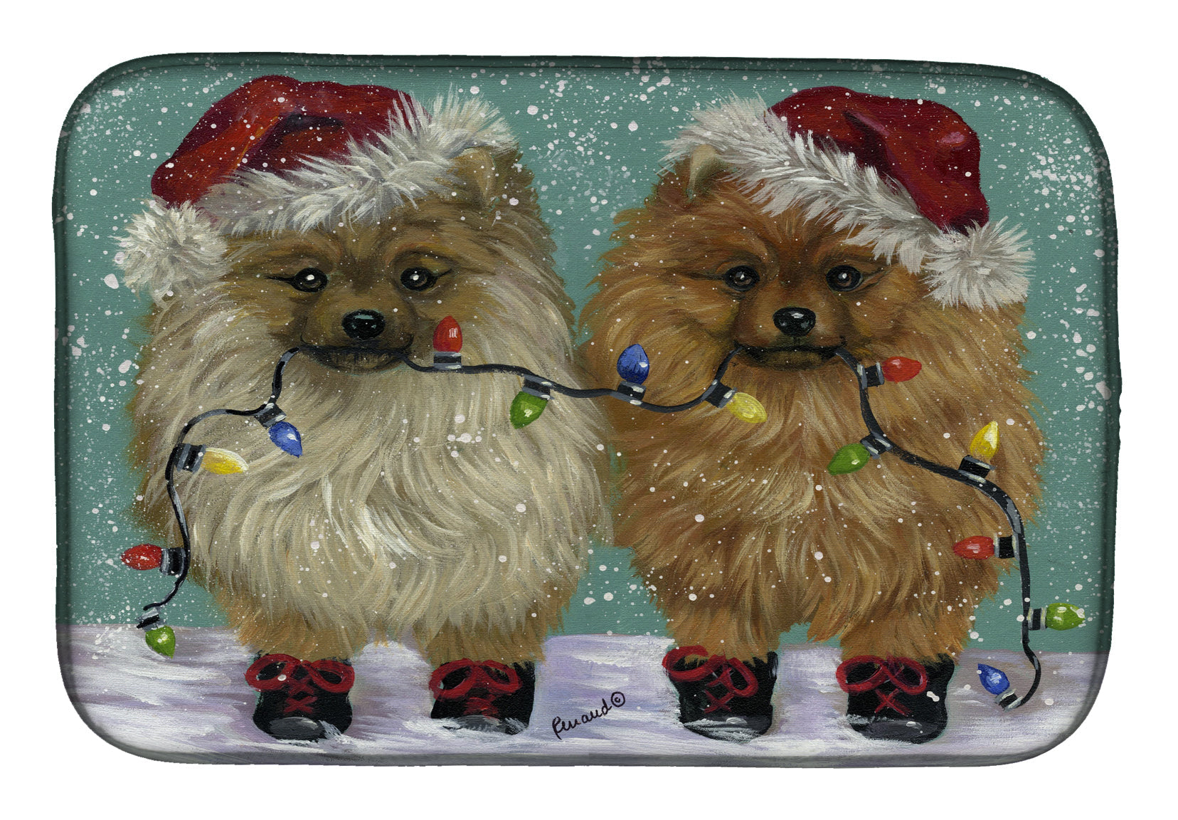 Pomeranian Christmas Lighten Up Dish Drying Mat Absorbent Dish Drying Mat Pad for Kitchen Counter Dish Drainer Mat for Countertop, 14 x 21", Multicolor