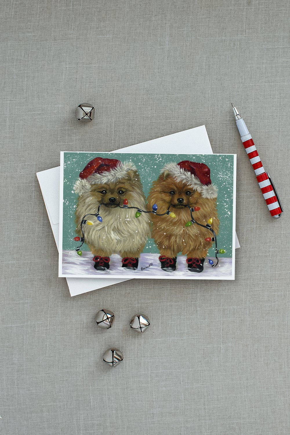 Pomeranian Christmas Lighten Up Greeting Cards Pack of 8 Blank Cards with Envelopes Whimsical A7 Size 5x7