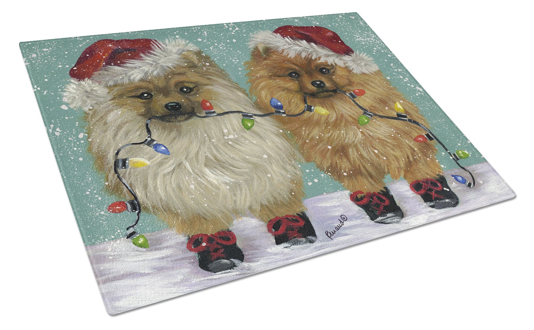 Pomeranian Christmas Lighten Up Cutting Board Tempered Glass Kitchen Cutting Surface, Heat Resistant Chopping, Non-Slip Feet, Food Prep & Serving