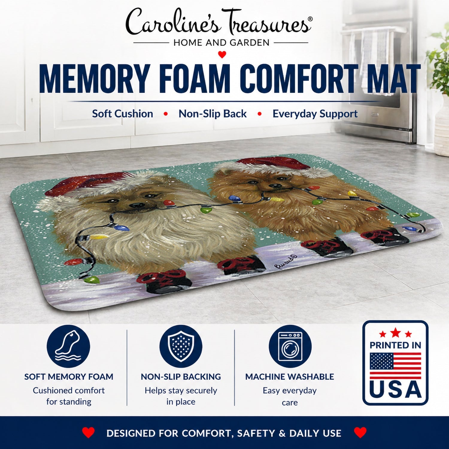 Pomeranian Christmas Lighten Up Memory Foam Kitchen Mat Machine Washable Anti-Fatigue Cushion Comfort Bath or Kitchen Rug
