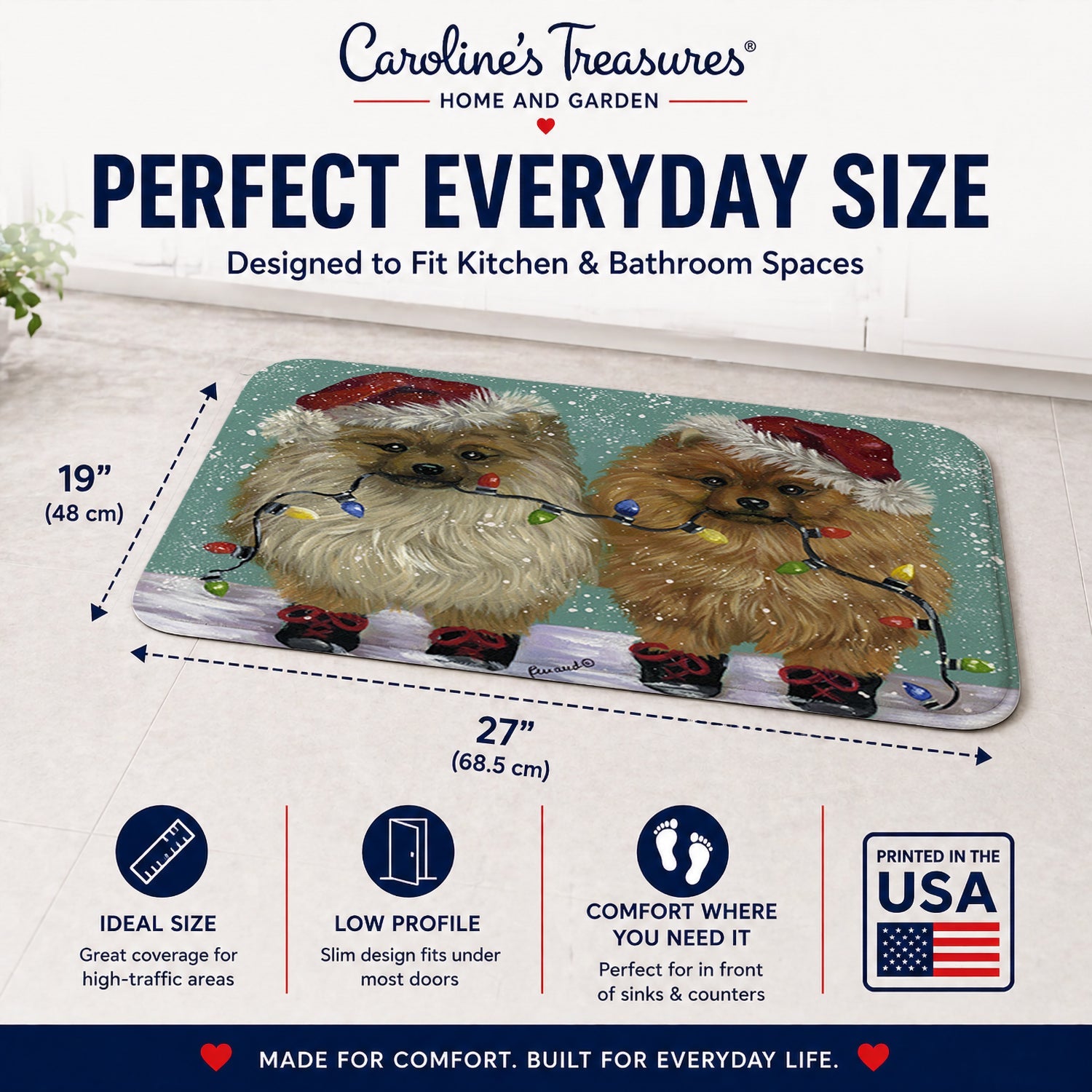 Pomeranian Christmas Lighten Up Memory Foam Kitchen Mat Machine Washable Anti-Fatigue Cushion Comfort Bath or Kitchen Rug