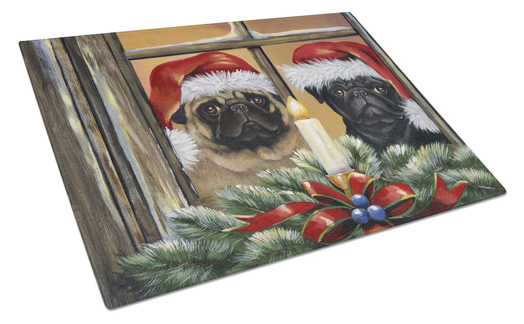Pug Christmas Anticipation Cutting Board Tempered Glass Kitchen Cutting Surface, Heat Resistant Chopping, Non-Slip Feet, Food Prep & Serving