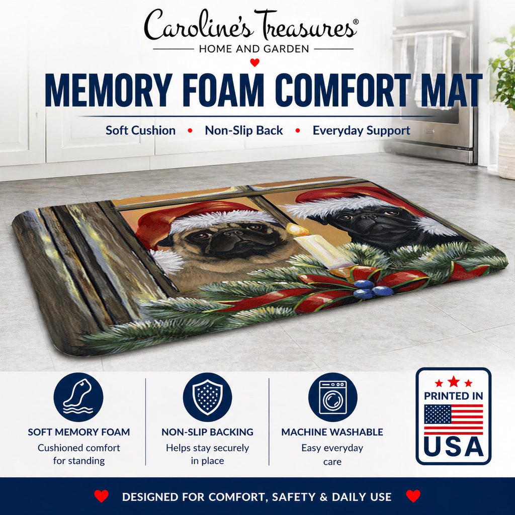 Pug Christmas Anticipation Memory Foam Kitchen Mat Machine Washable Anti-Fatigue Cushion Comfort Bath or Kitchen Rug