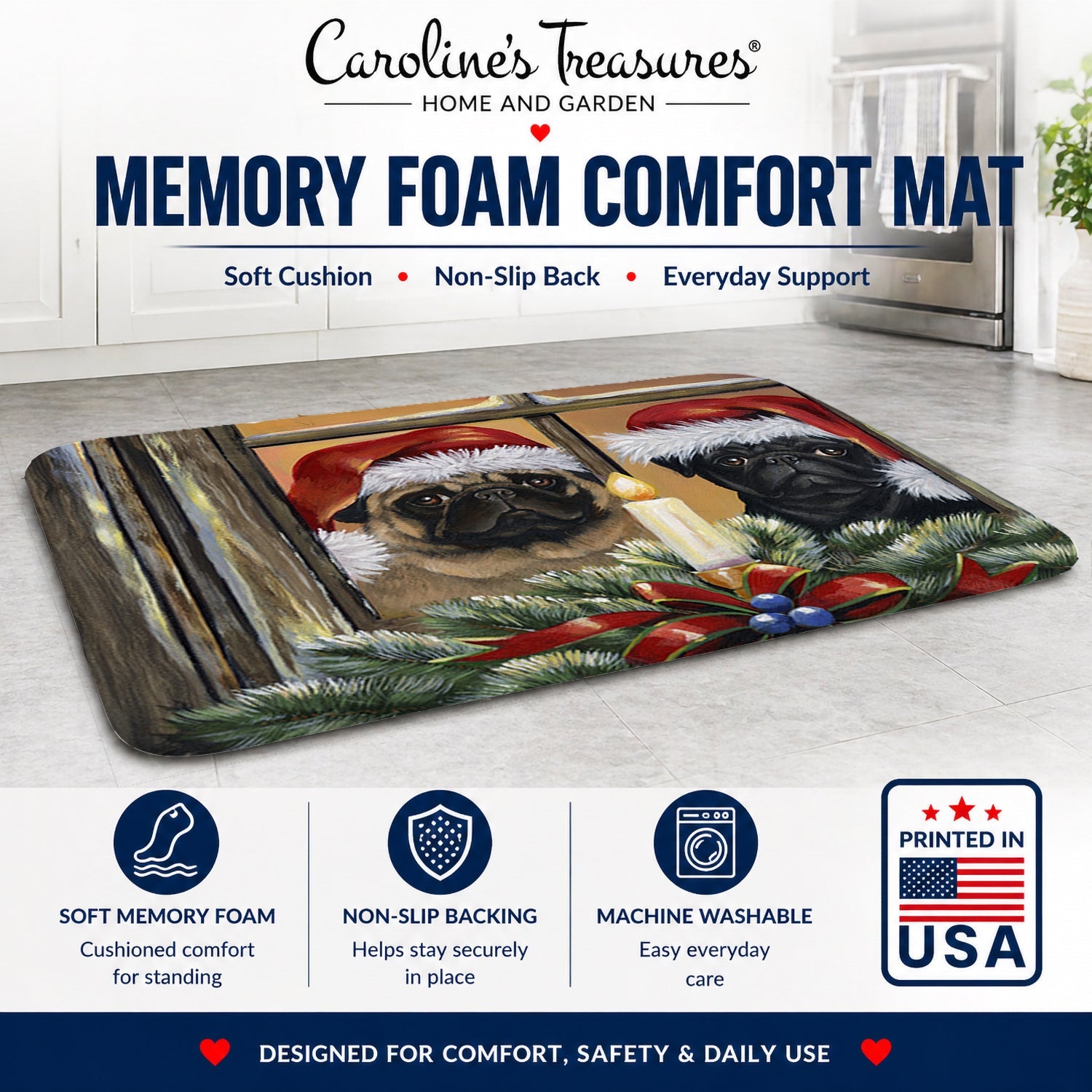 Pug Christmas Anticipation Memory Foam Kitchen Mat Machine Washable Anti-Fatigue Cushion Comfort Bath or Kitchen Rug