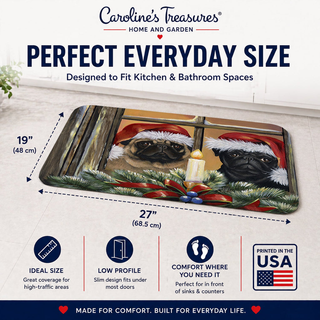 Pug Christmas Anticipation Memory Foam Kitchen Mat Machine Washable Anti-Fatigue Cushion Comfort Bath or Kitchen Rug