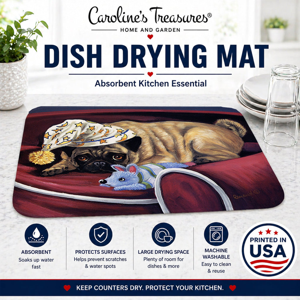 Pug Goodnight Sweetheart Dish Drying Mat Absorbent Dish Drying Mat Pad for Kitchen Counter Dish Drainer Mat for Countertop, 14 x 21", Multicolor