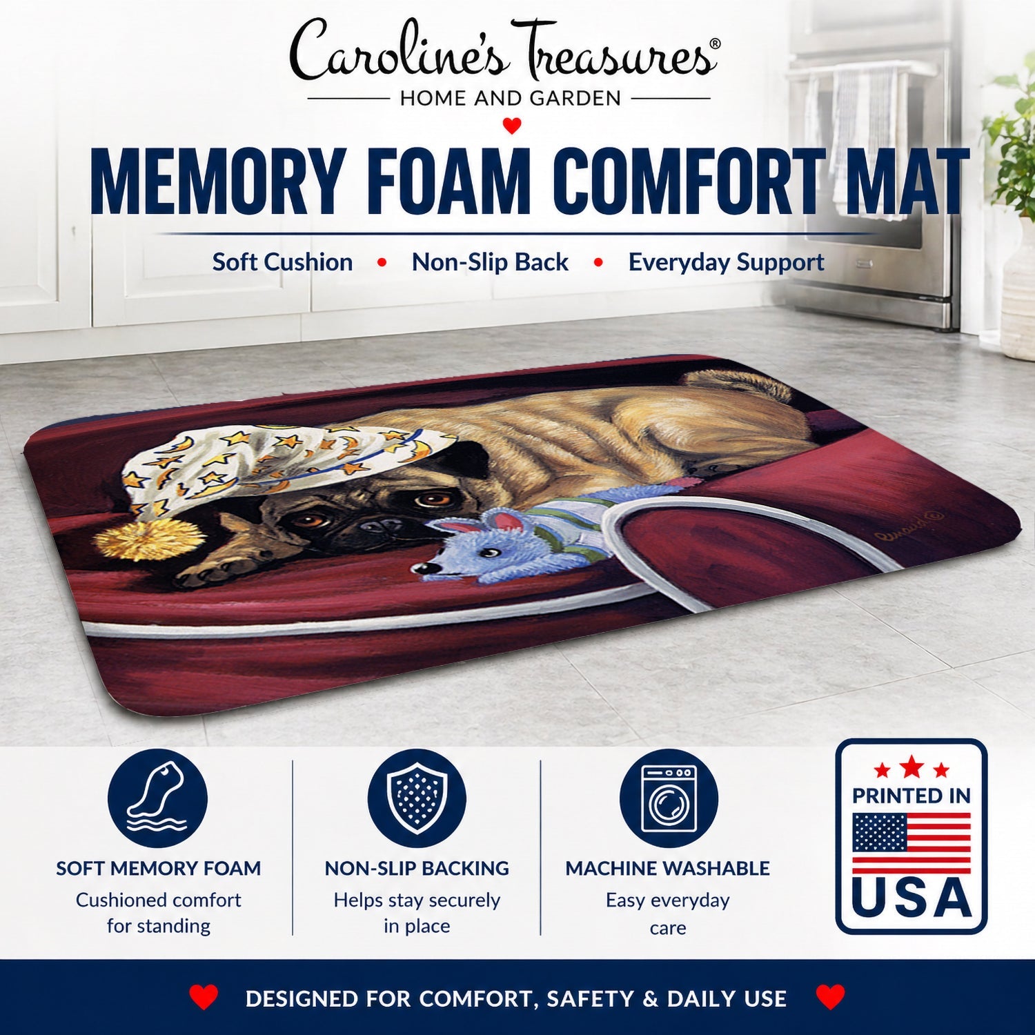 Pug Goodnight Sweetheart Memory Foam Kitchen Mat Machine Washable Anti-Fatigue Cushion Comfort Bath or Kitchen Rug