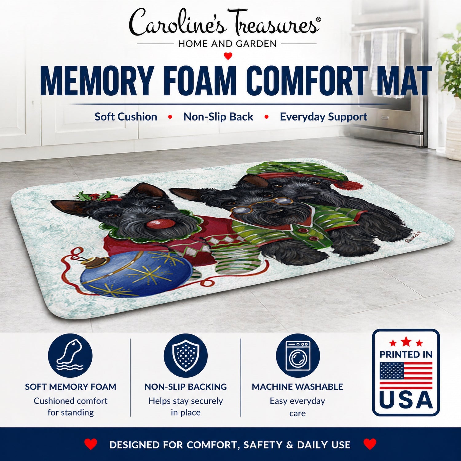 Scottish Terrier Christmas Elves Memory Foam Kitchen Mat Machine Washable Anti-Fatigue Cushion Comfort Bath or Kitchen Rug