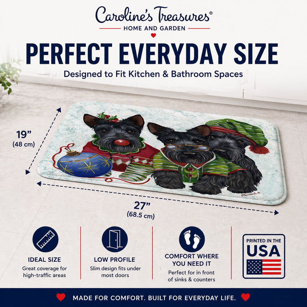 Scottish Terrier Christmas Elves Memory Foam Kitchen Mat Machine Washable Anti-Fatigue Cushion Comfort Bath or Kitchen Rug