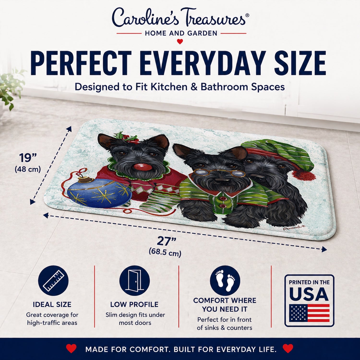 Scottish Terrier Christmas Elves Memory Foam Kitchen Mat Machine Washable Anti-Fatigue Cushion Comfort Bath or Kitchen Rug