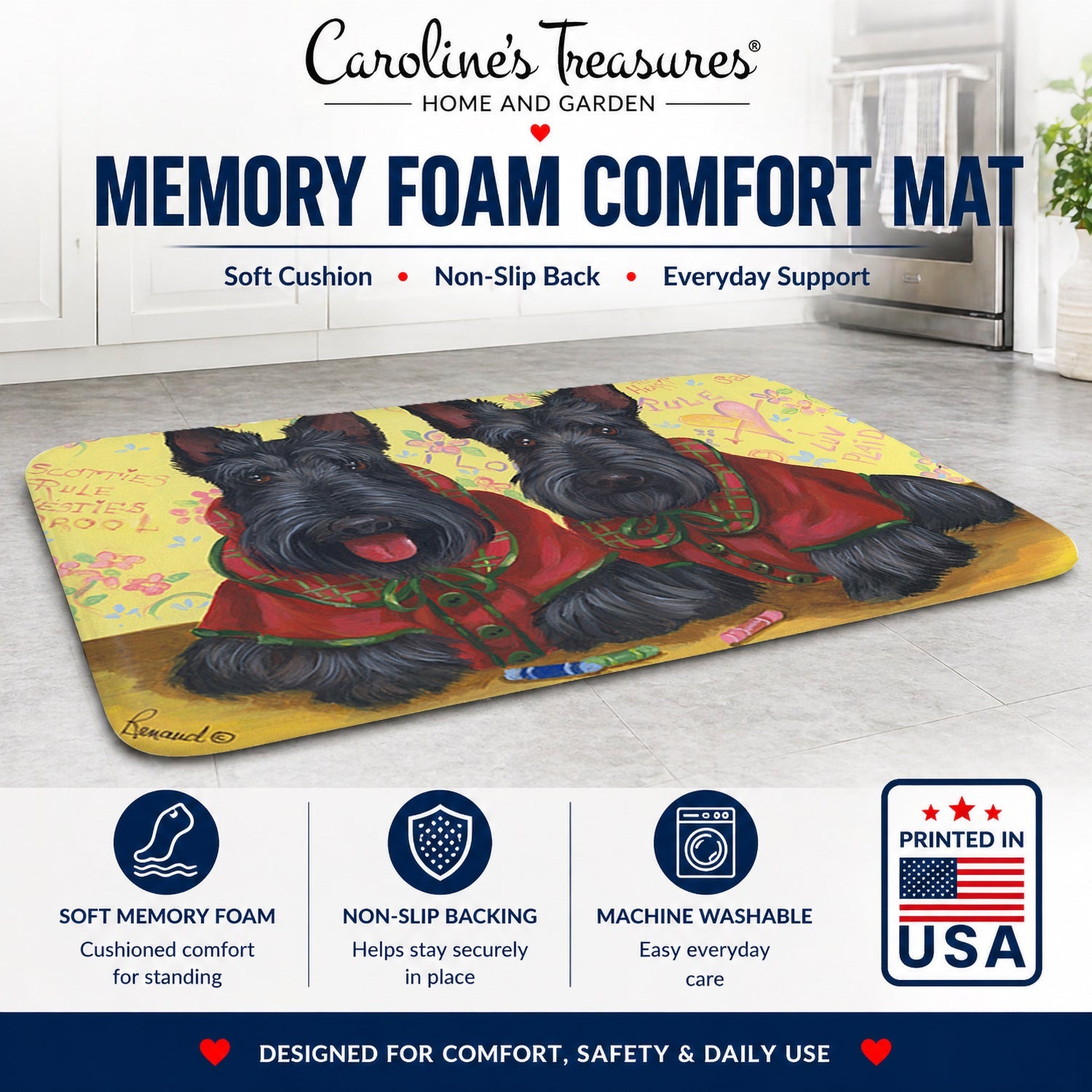 Scottish Terrier Scotties Rule Memory Foam Kitchen Mat Machine Washable Anti-Fatigue Cushion Comfort Bath or Kitchen Rug