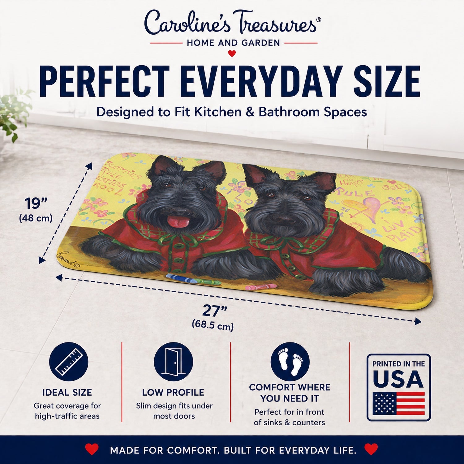 Scottish Terrier Scotties Rule Memory Foam Kitchen Mat Machine Washable Anti-Fatigue Cushion Comfort Bath or Kitchen Rug