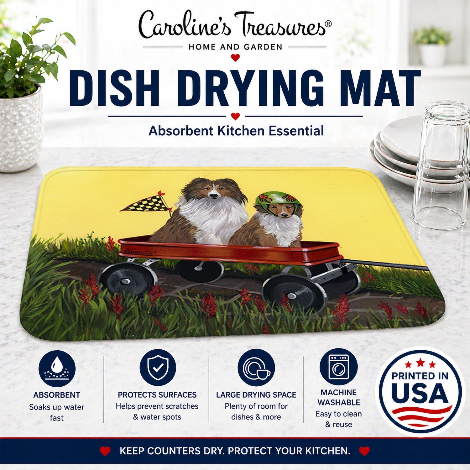 Sheltie Sheepdog Express Dish Drying Mat Absorbent Dish Drying Mat Pad for Kitchen Counter Dish Drainer Mat for Countertop, 14 x 21", Multicolor