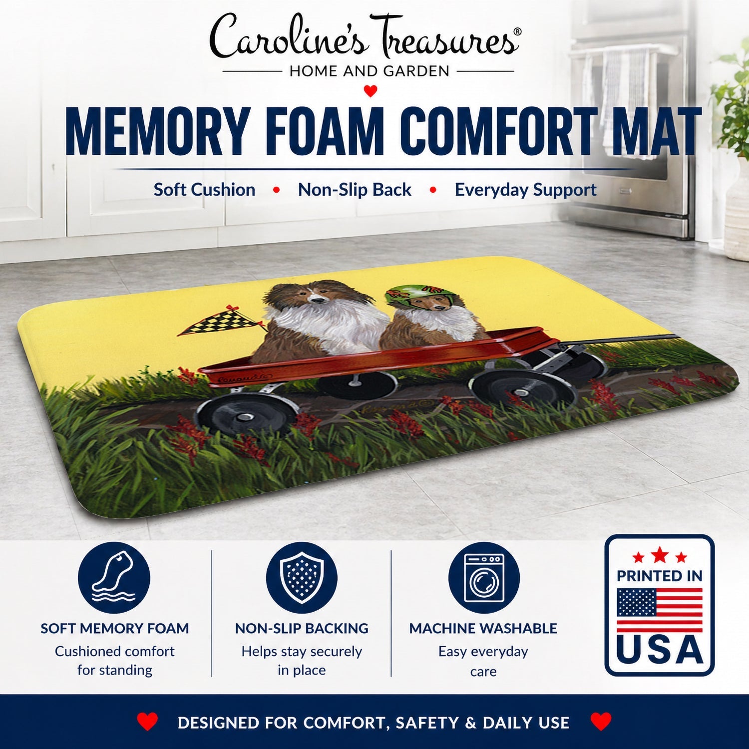 Sheltie Sheepdog Express Memory Foam Kitchen Mat Machine Washable Anti-Fatigue Cushion Comfort Bath or Kitchen Rug