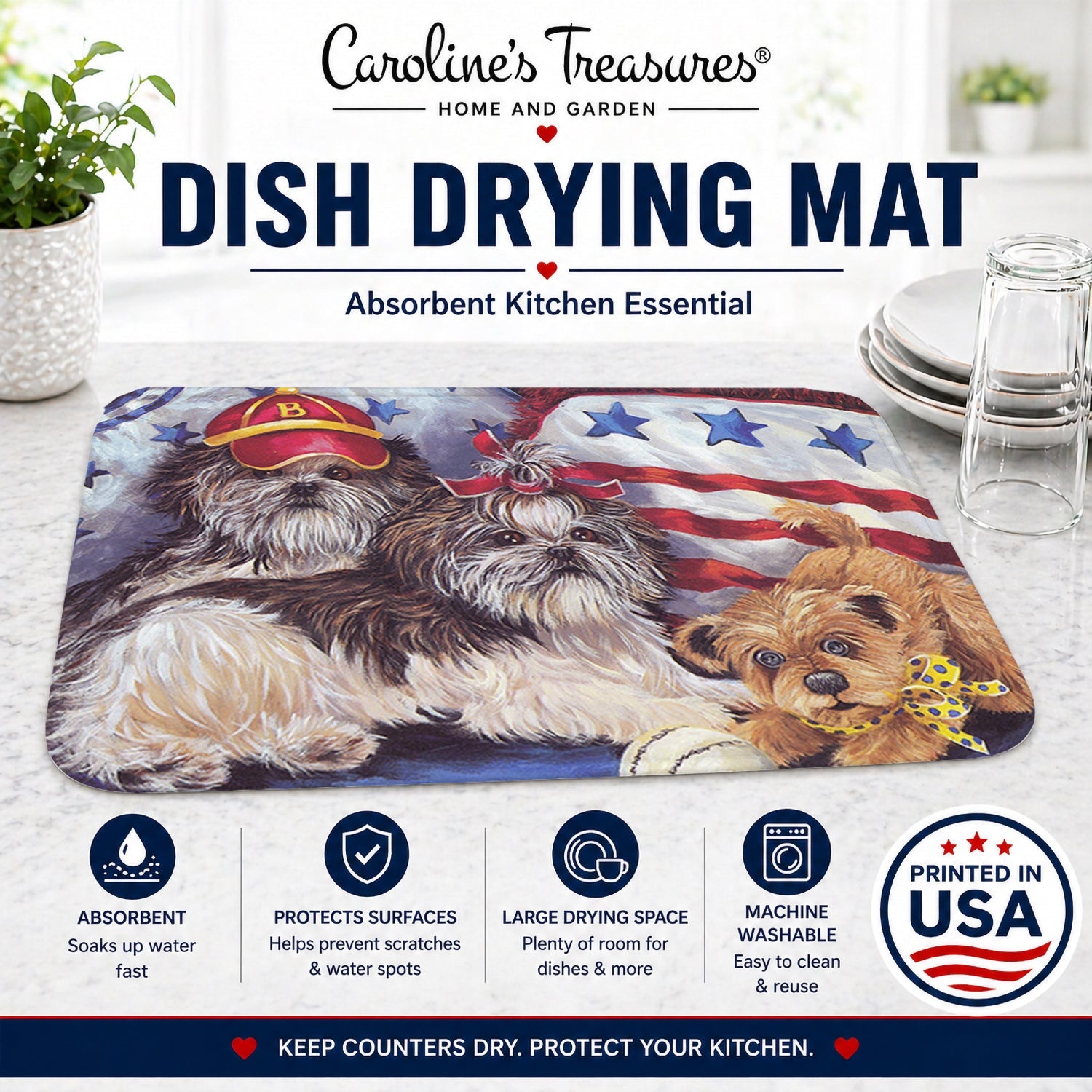 Shih Tzu Americana Sweethearts Dish Drying Mat Absorbent Dish Drying Mat Pad for Kitchen Counter Dish Drainer Mat for Countertop, 14 x 21", Multicolor