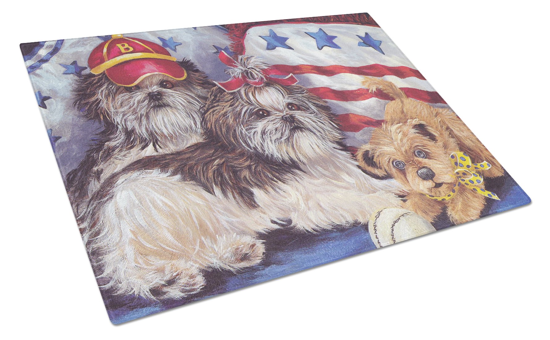 Shih Tzu Americana Sweethearts Cutting Board Tempered Glass Kitchen Cutting Surface, Heat Resistant Chopping, Non-Slip Feet, Food Prep & Serving