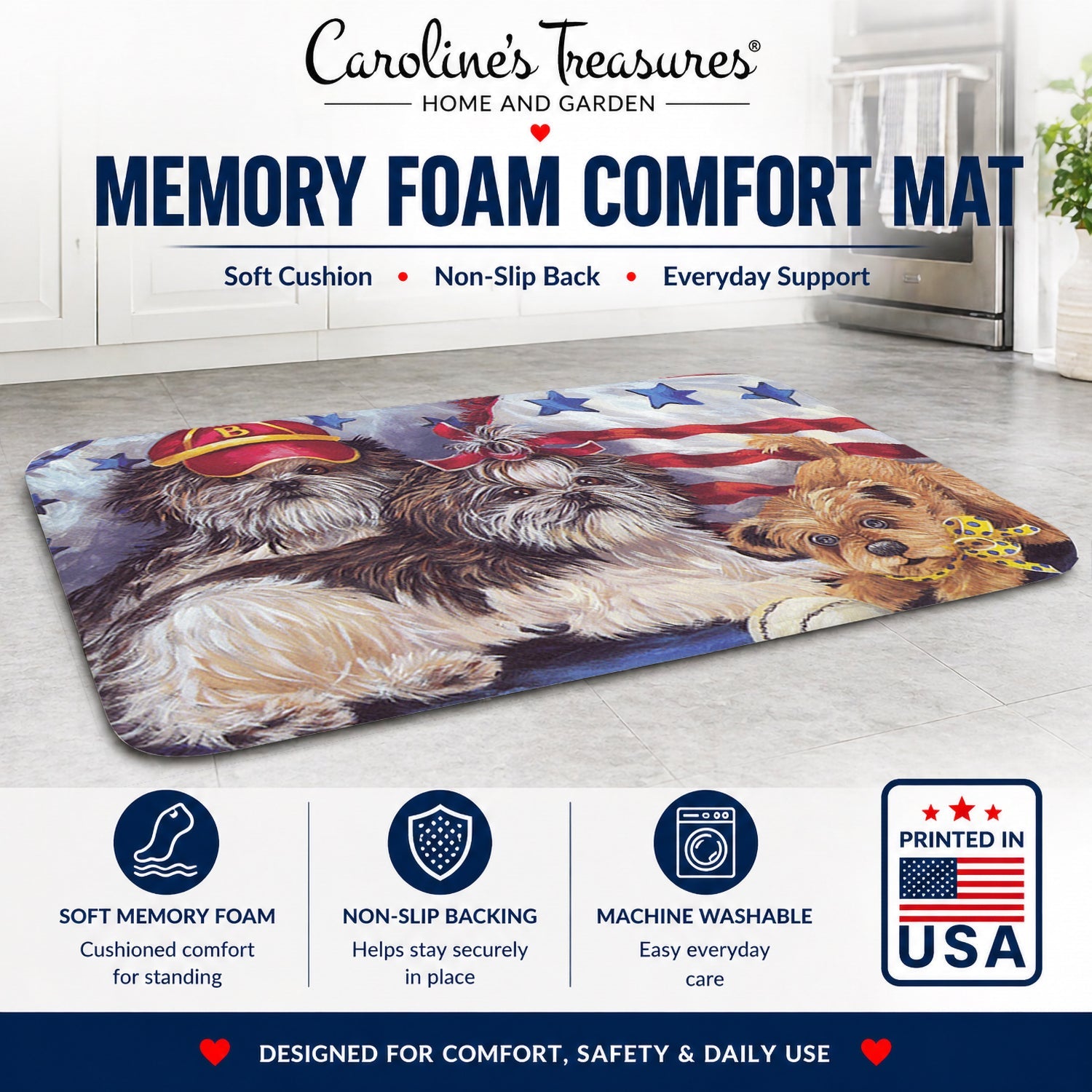 Shih Tzu Americana Sweethearts Memory Foam Kitchen Mat Machine Washable Anti-Fatigue Cushion Comfort Bath or Kitchen Rug