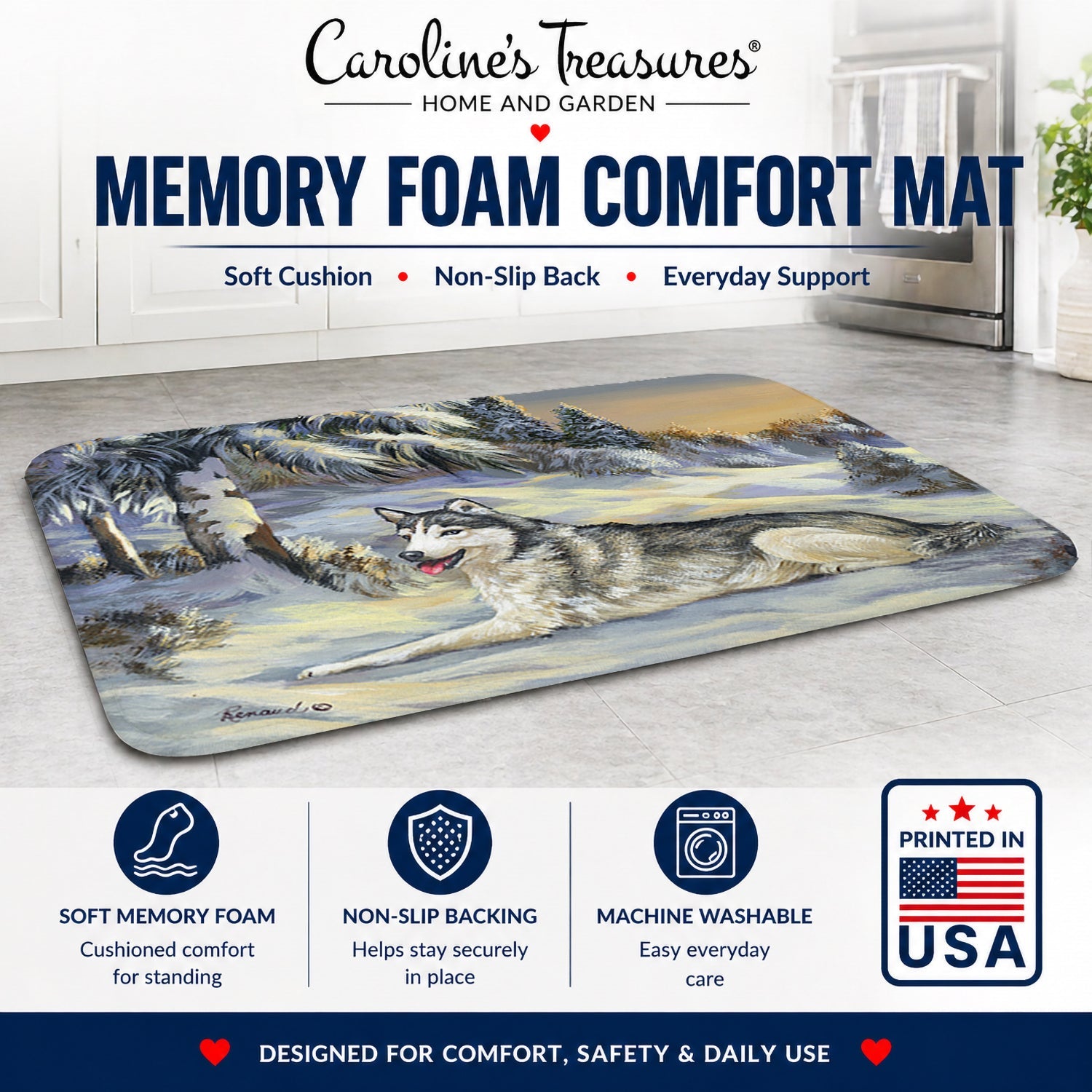 Siberian Husky Winterscape Memory Foam Kitchen Mat Machine Washable Anti-Fatigue Cushion Comfort Bath or Kitchen Rug