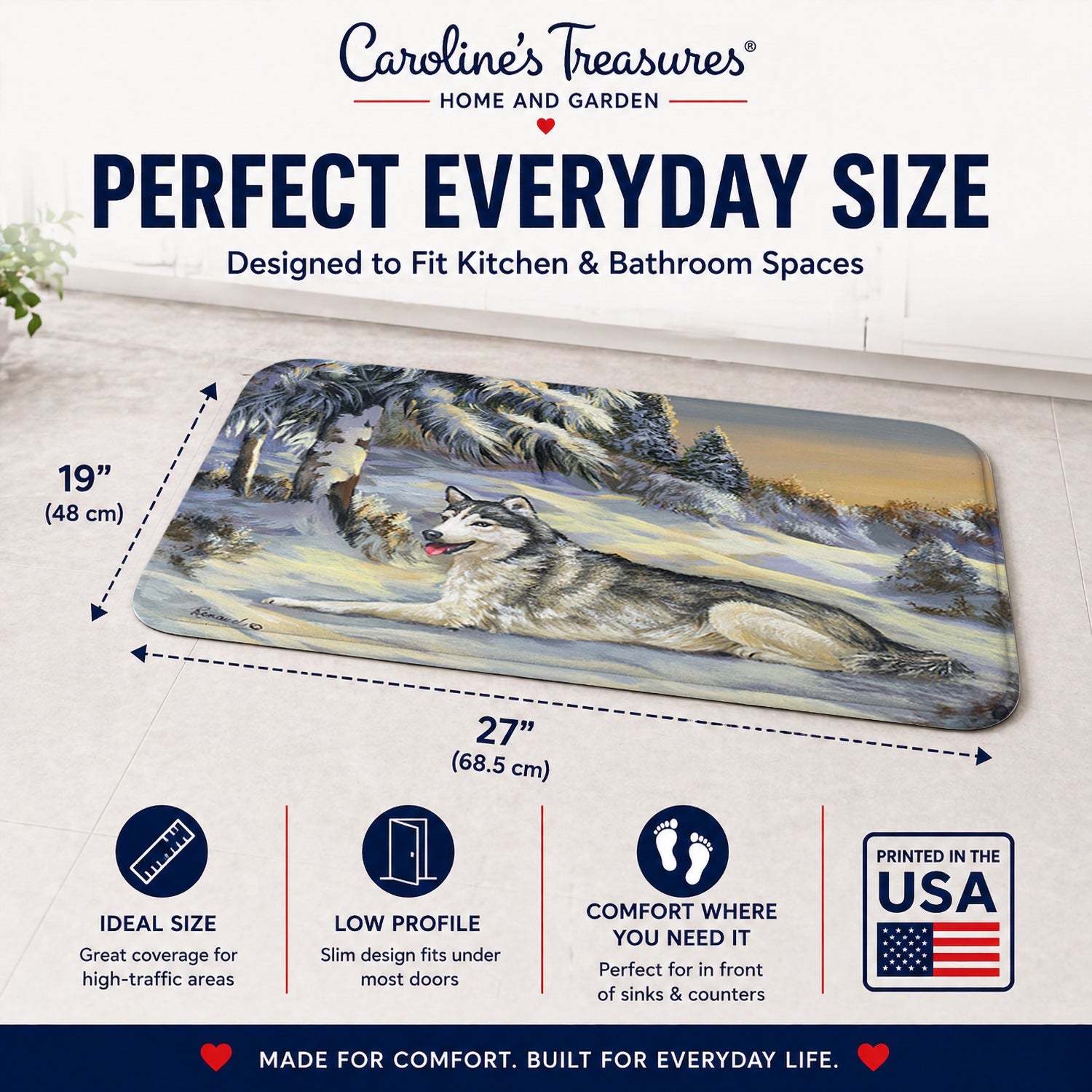 Siberian Husky Winterscape Memory Foam Kitchen Mat Machine Washable Anti-Fatigue Cushion Comfort Bath or Kitchen Rug
