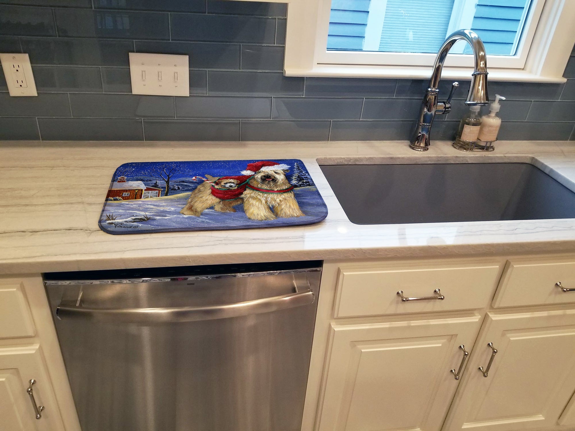 Wheaten Terrier Christmas Dish Drying Mat Absorbent Dish Drying Mat Pad for Kitchen Counter Dish Drainer Mat for Countertop, 14 x 21", Multicolor