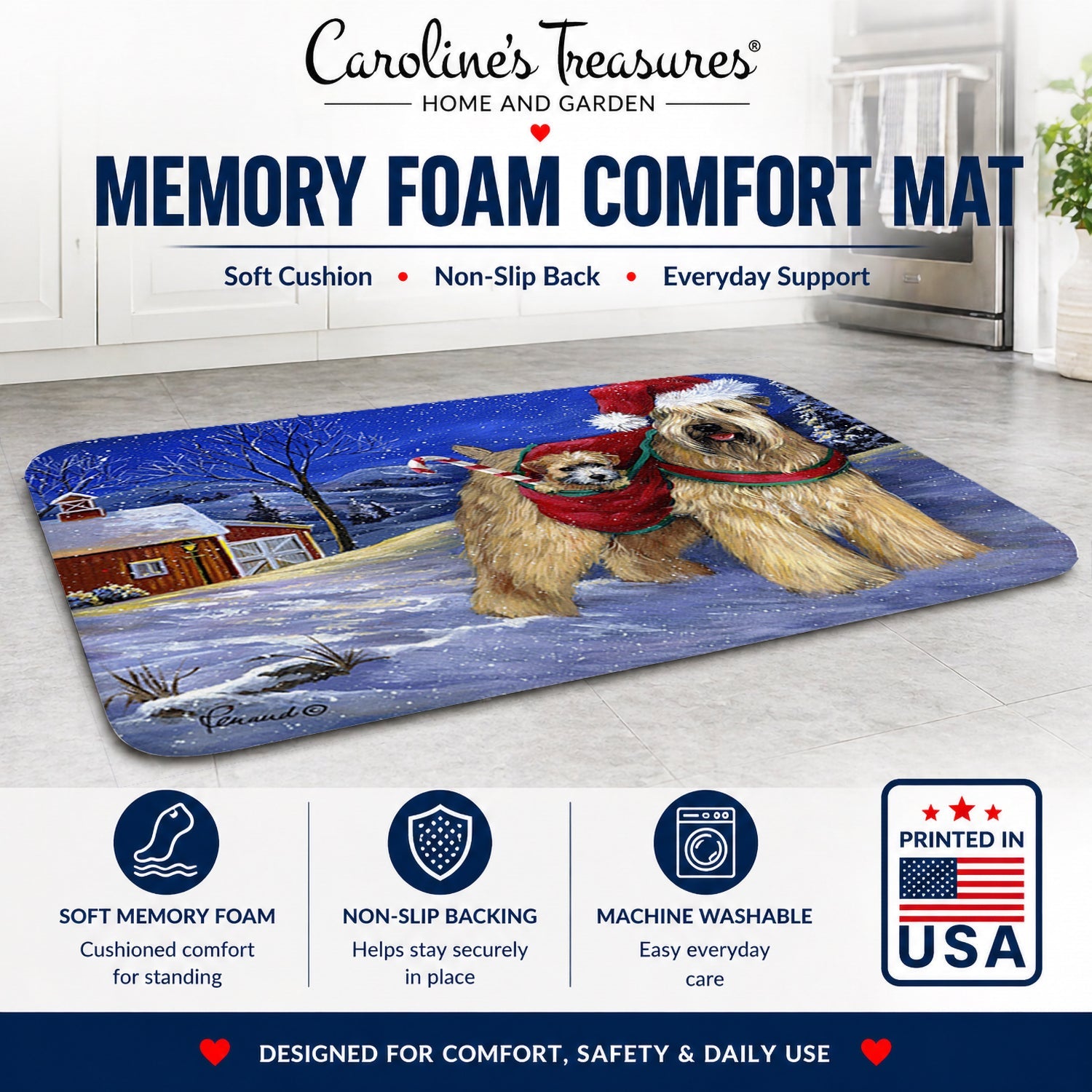 Wheaten Terrier Christmas Memory Foam Kitchen Mat Machine Washable Anti-Fatigue Cushion Comfort Bath or Kitchen Rug