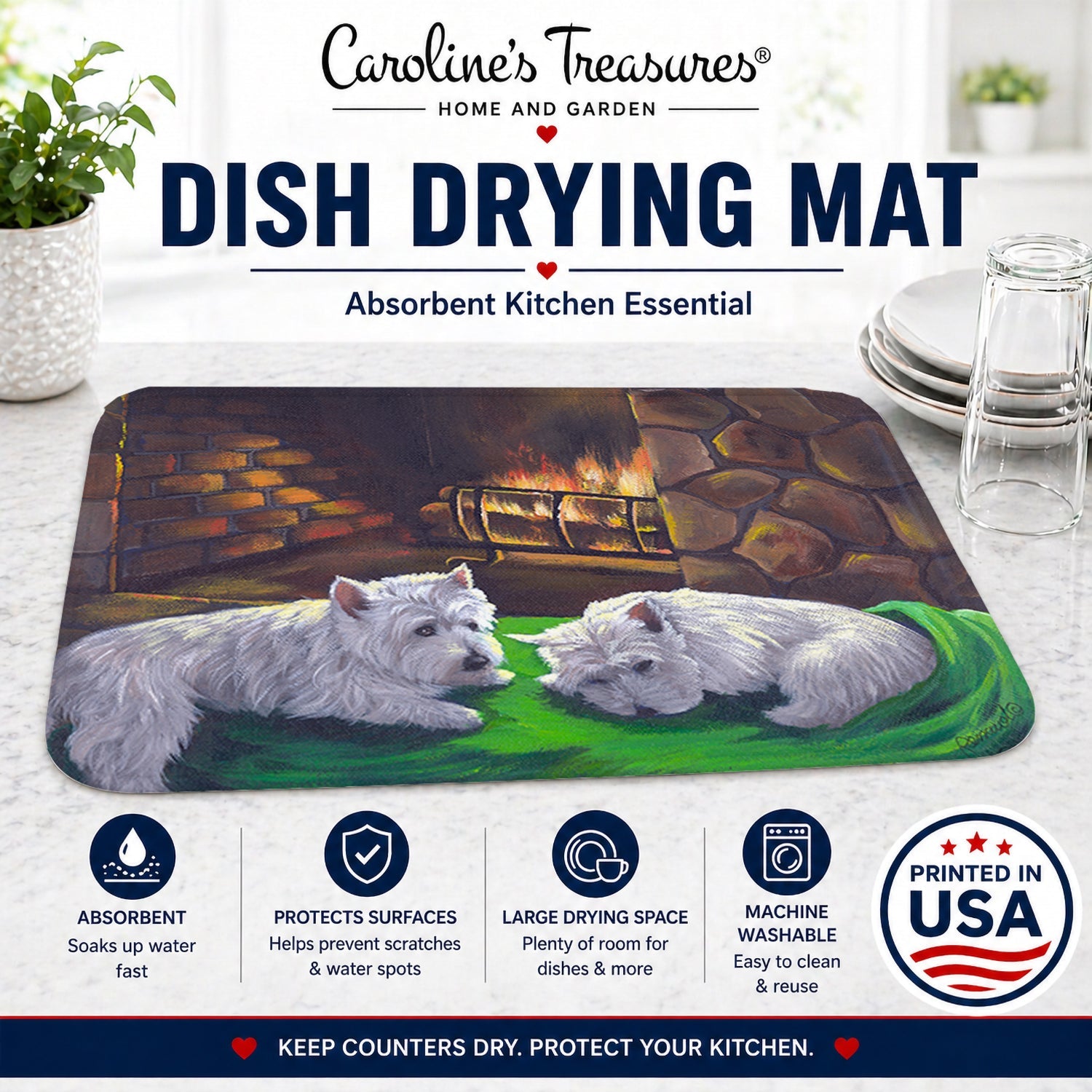 Westie A Winter's Night Dish Drying Mat Absorbent Dish Drying Mat Pad for Kitchen Counter Dish Drainer Mat for Countertop, 14 x 21", Multicolor