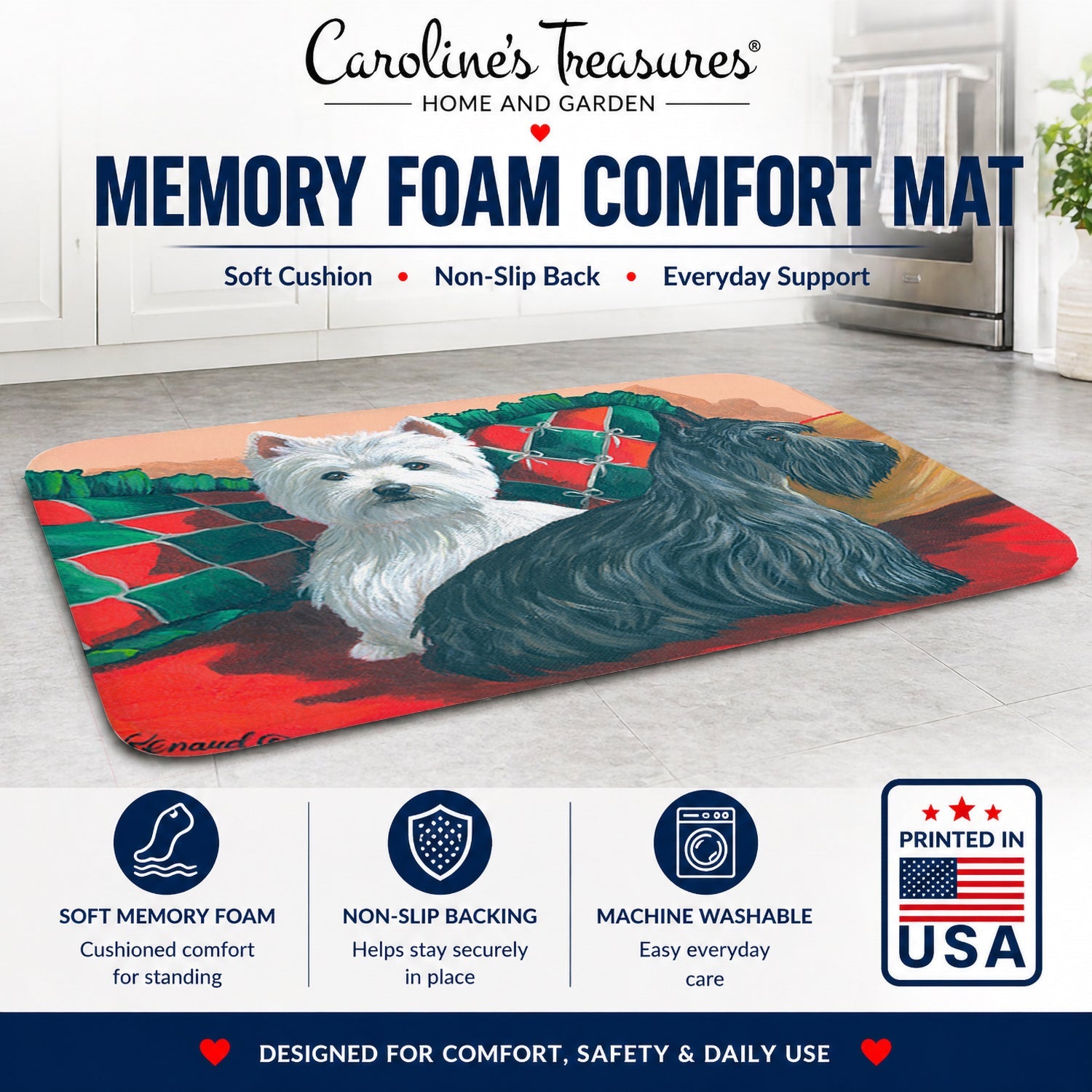 Westie and Scottie Great Scots Memory Foam Kitchen Mat Machine Washable Anti-Fatigue Cushion Comfort Bath or Kitchen Rug