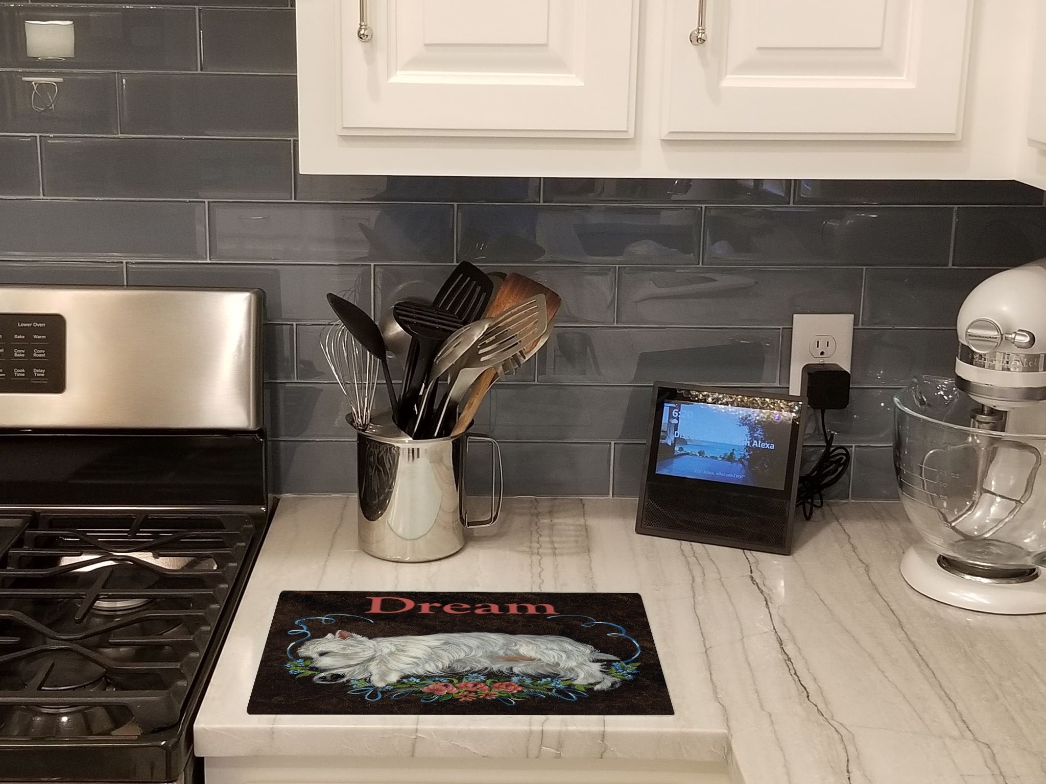 Westie Dream Cutting Board Tempered Glass Kitchen Cutting Surface, Heat Resistant Chopping, Non-Slip Feet, Food Prep & Serving