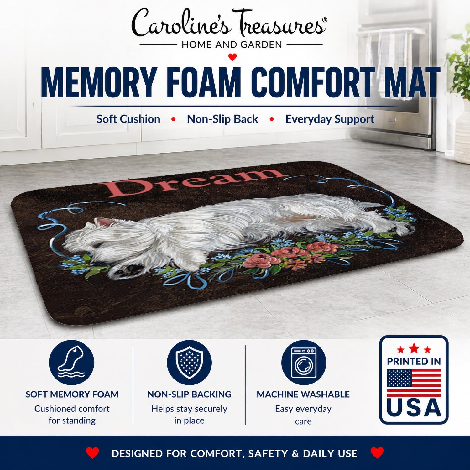 Westie Dream Memory Foam Kitchen Mat Machine Washable Anti-Fatigue Cushion Comfort Bath or Kitchen Rug