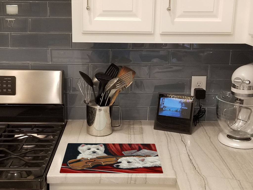 Westie Fiddlers Cutting Board Tempered Glass Kitchen Cutting Surface, Heat Resistant Chopping, Non-Slip Feet, Food Prep & Serving