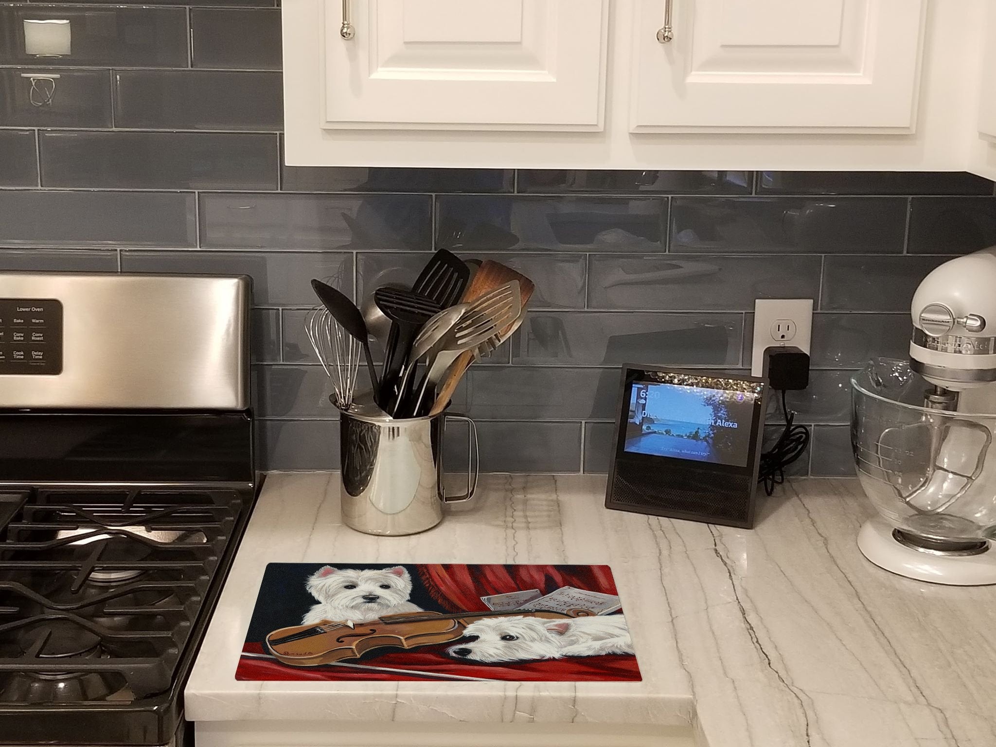 Westie Fiddlers Cutting Board Tempered Glass Kitchen Cutting Surface, Heat Resistant Chopping, Non-Slip Feet, Food Prep & Serving