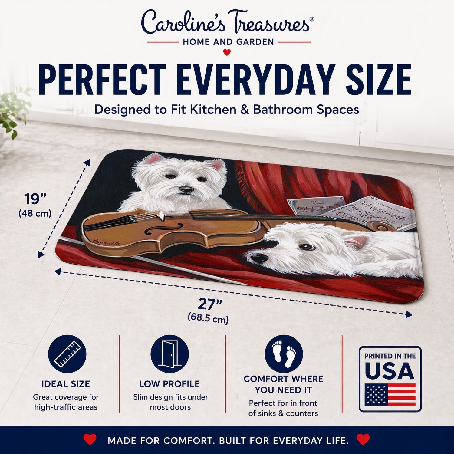 Westie Fiddlers Memory Foam Kitchen Mat Machine Washable Anti-Fatigue Cushion Comfort Bath or Kitchen Rug