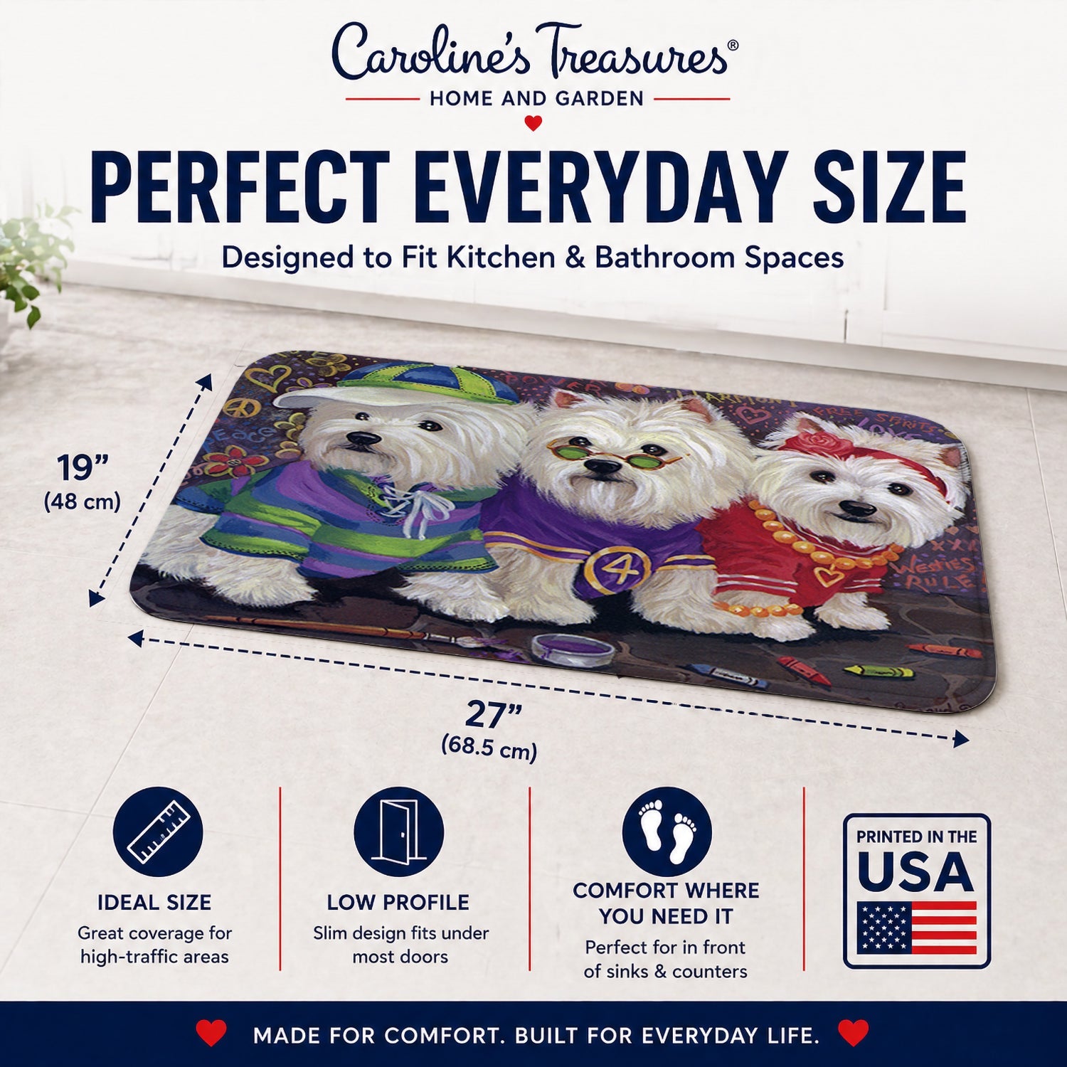 Westie Free Spirits Memory Foam Kitchen Mat Machine Washable Anti-Fatigue Cushion Comfort Bath or Kitchen Rug