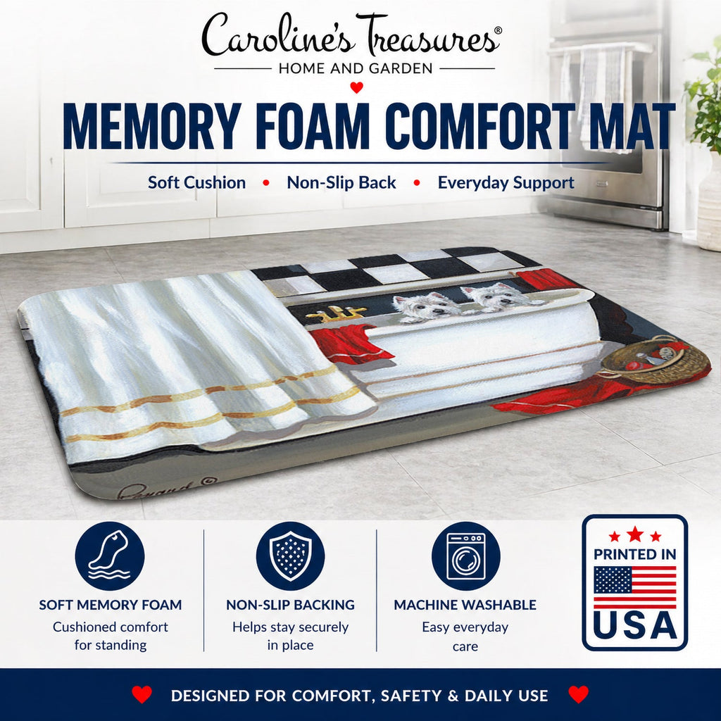 Westie Pour Le Bain Bathtime Memory Foam Kitchen Mat Machine Washable Anti-Fatigue Cushion Comfort Bath or Kitchen Rug