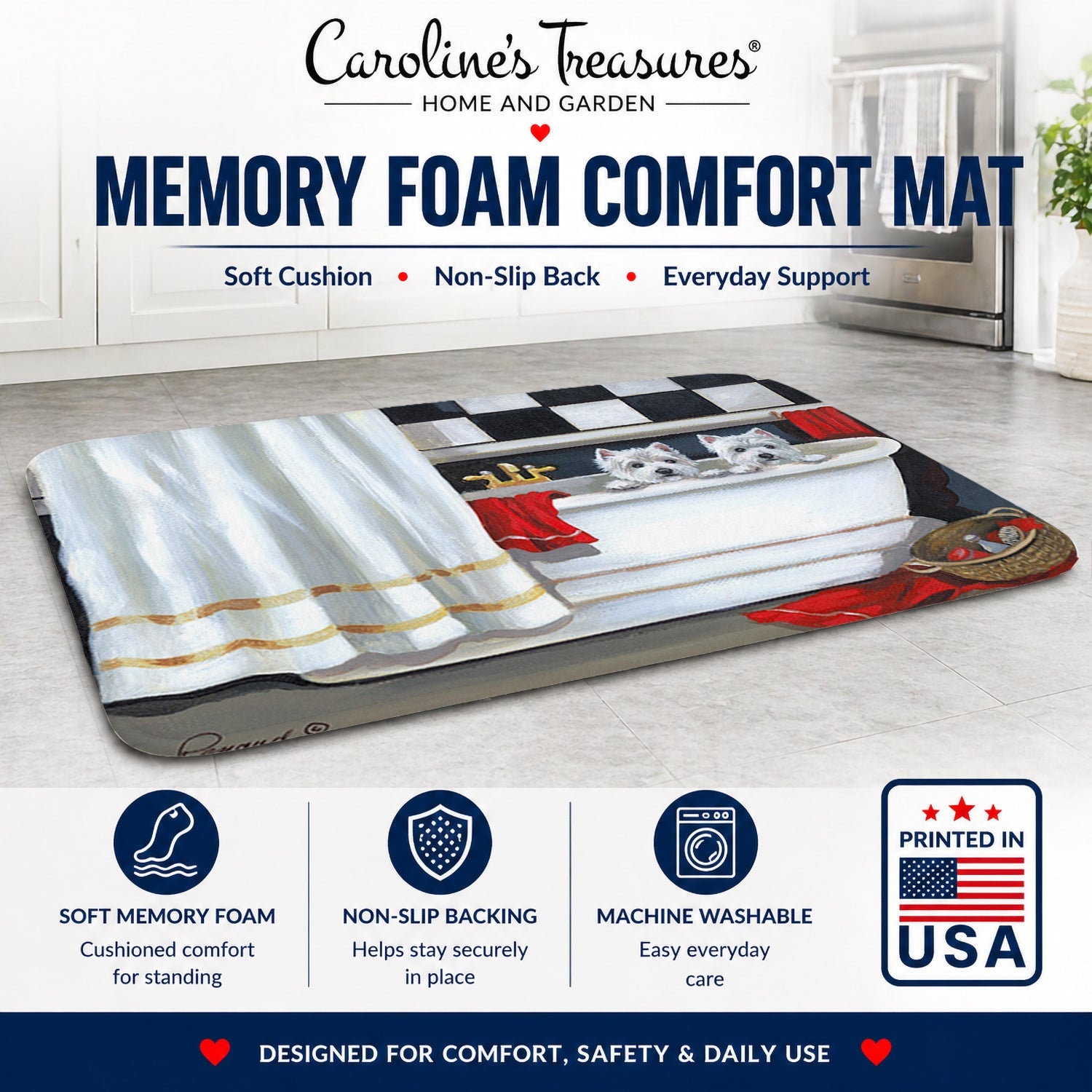 Westie Pour Le Bain Bathtime Memory Foam Kitchen Mat Machine Washable Anti-Fatigue Cushion Comfort Bath or Kitchen Rug