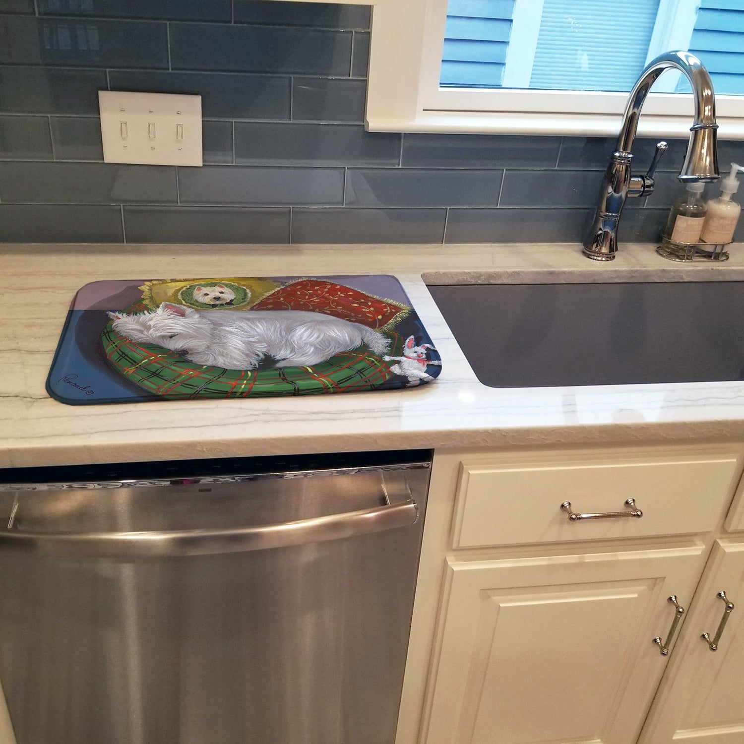 Westie Precious Toto Dish Drying Mat Absorbent Dish Drying Mat Pad for Kitchen Counter Dish Drainer Mat for Countertop, 14 x 21", Multicolor