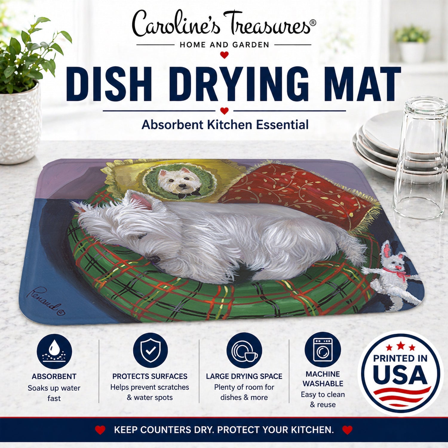 Westie Precious Toto Dish Drying Mat Absorbent Dish Drying Mat Pad for Kitchen Counter Dish Drainer Mat for Countertop, 14 x 21", Multicolor