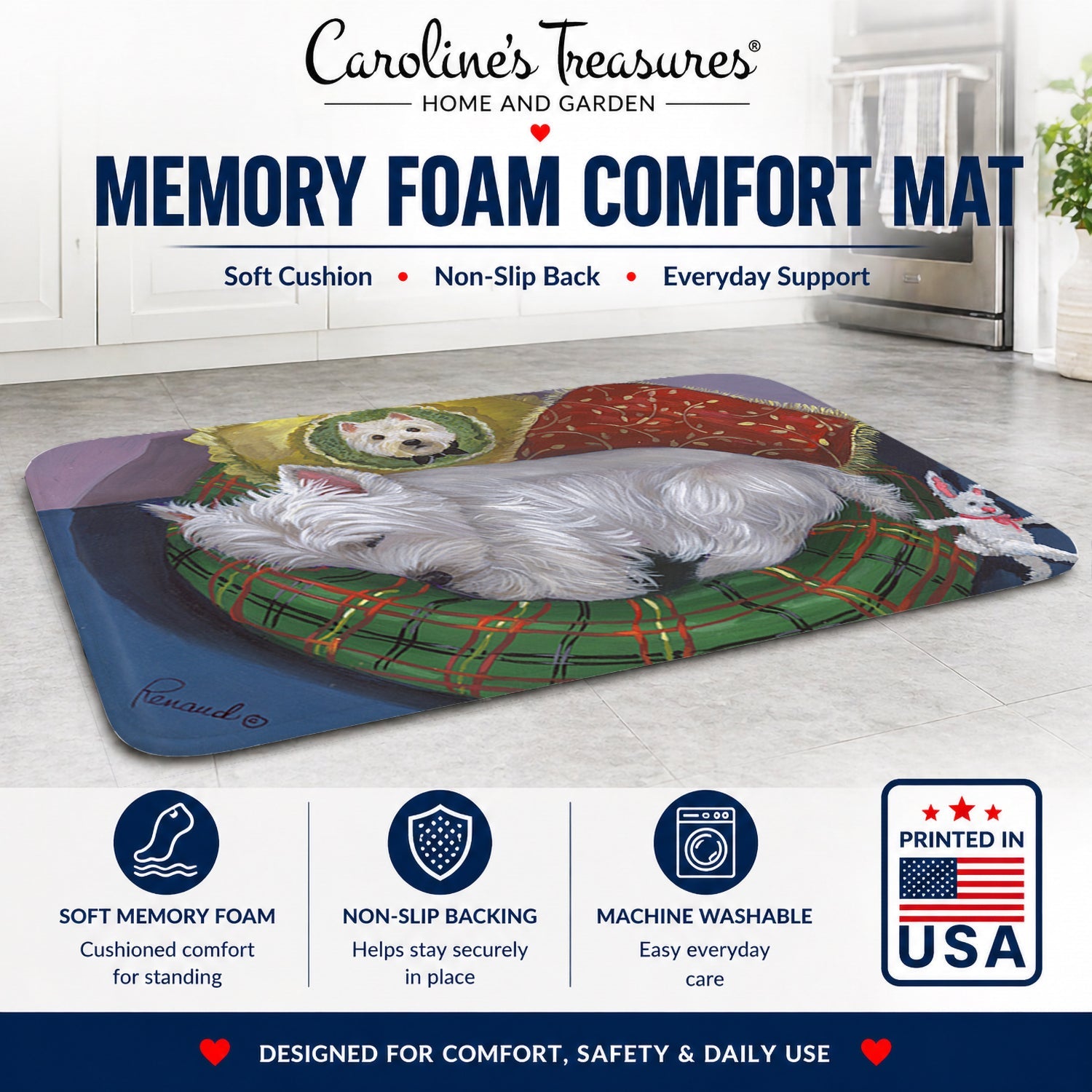 Westie Precious Toto Memory Foam Kitchen Mat Machine Washable Anti-Fatigue Cushion Comfort Bath or Kitchen Rug