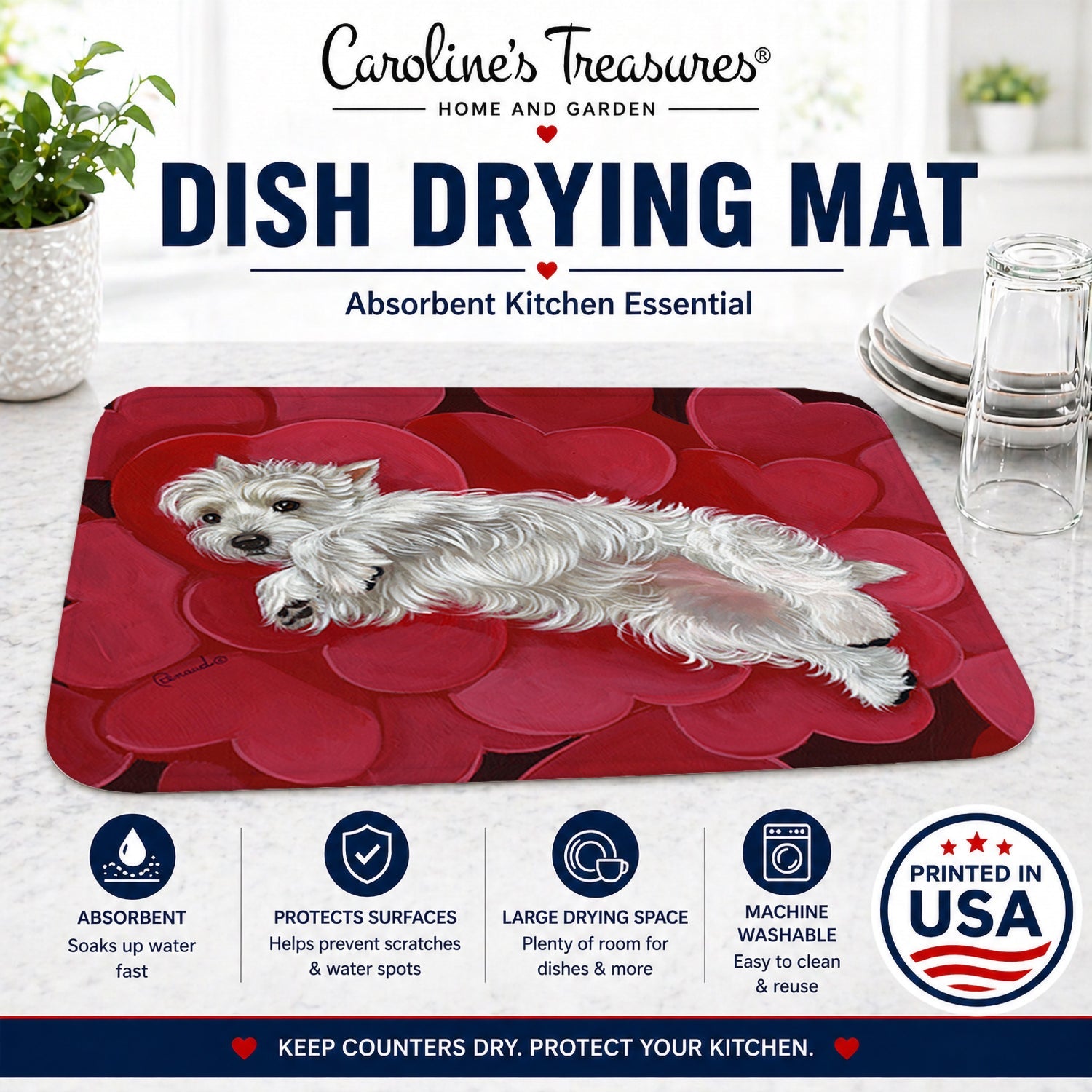 Westie Queen of Hearts Dish Drying Mat Absorbent Dish Drying Mat Pad for Kitchen Counter Dish Drainer Mat for Countertop, 14 x 21", Multicolor
