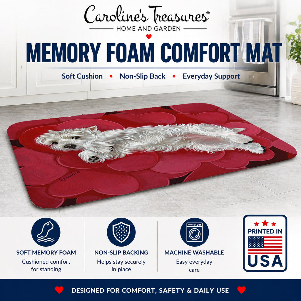 Westie Queen of Hearts Memory Foam Kitchen Mat Machine Washable Anti-Fatigue Cushion Comfort Bath or Kitchen Rug