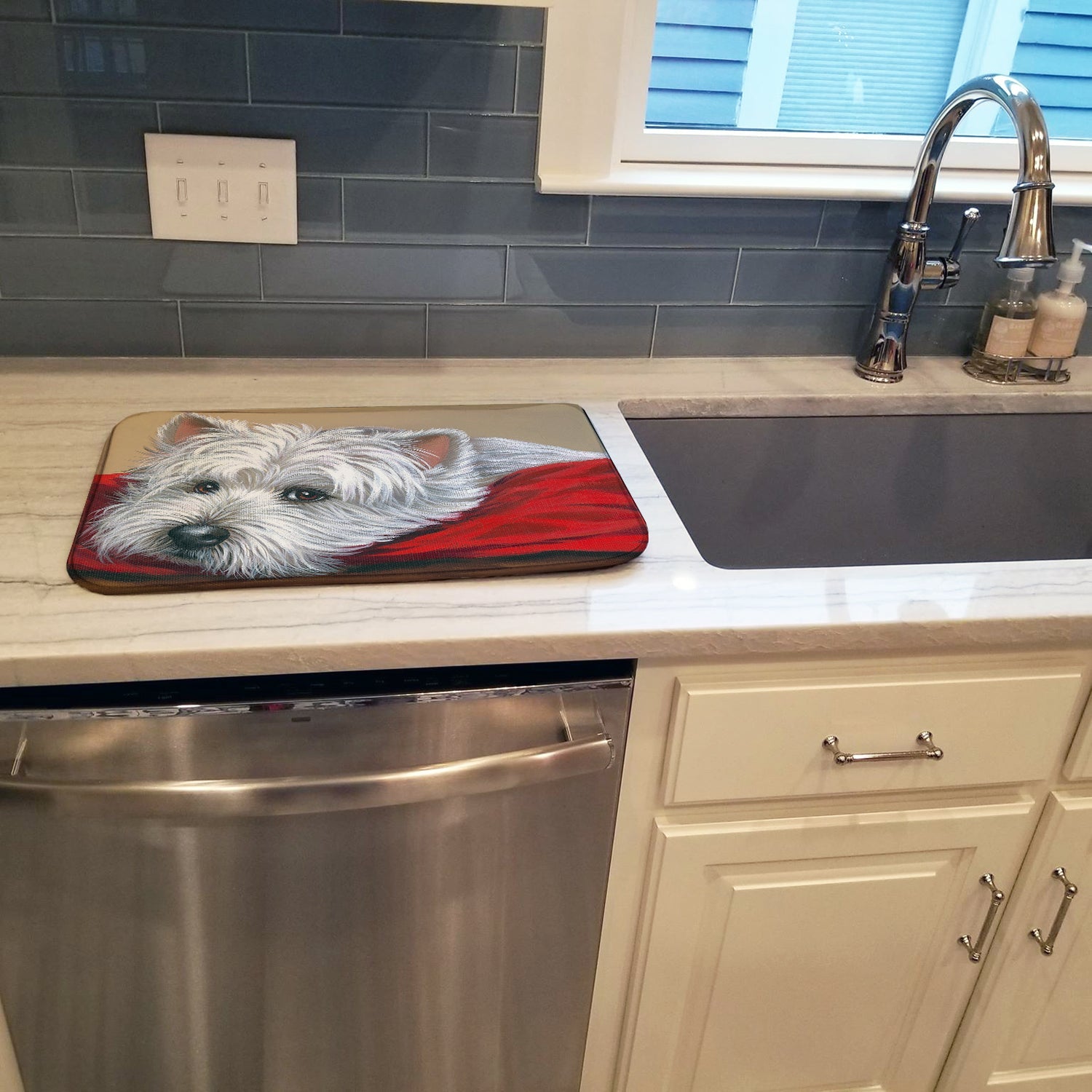Westie Red Pillow Dish Drying Mat Absorbent Dish Drying Mat Pad for Kitchen Counter Dish Drainer Mat for Countertop, 14 x 21", Multicolor