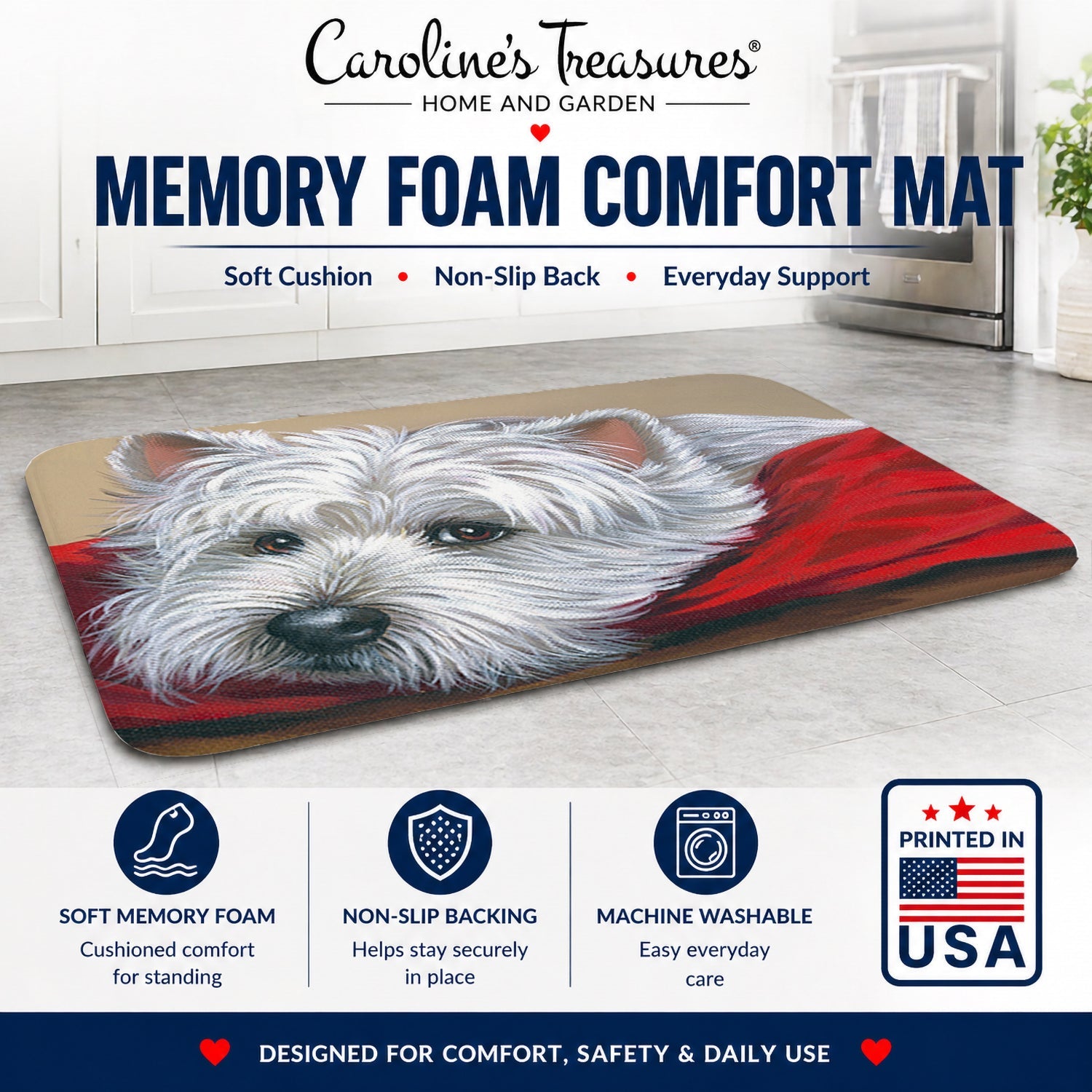 Westie Red Pillow Memory Foam Kitchen Mat Machine Washable Anti-Fatigue Cushion Comfort Bath or Kitchen Rug