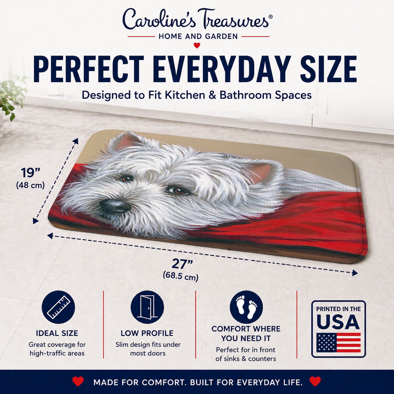 Westie Red Pillow Memory Foam Kitchen Mat Machine Washable Anti-Fatigue Cushion Comfort Bath or Kitchen Rug