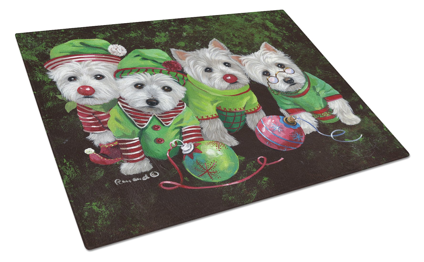 Westie Christmas Santa's Assistants Cutting Board Tempered Glass Kitchen Cutting Surface, Heat Resistant Chopping, Non-Slip Feet, Food Prep & Serving