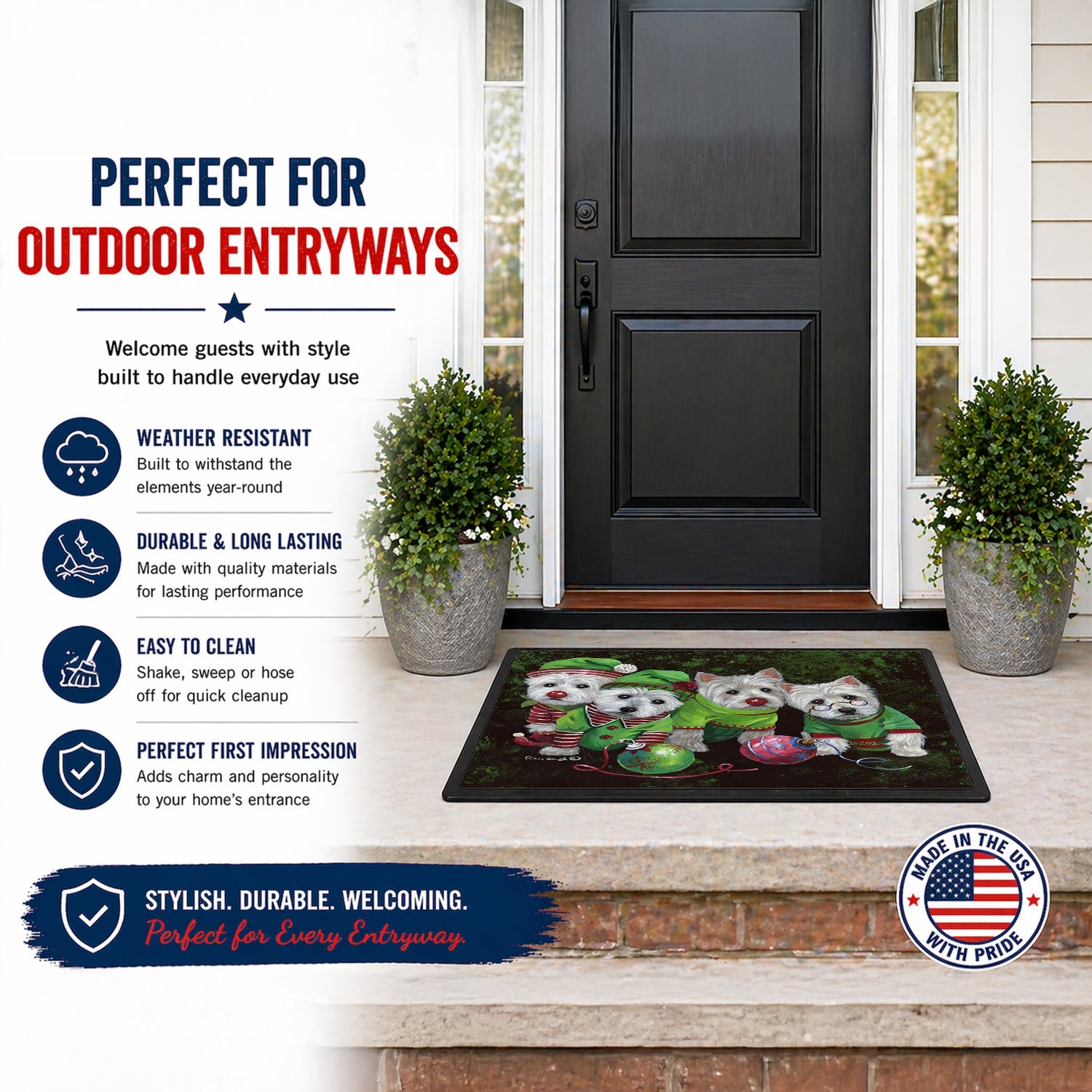 Westie Christmas Santa's Assistants Doormat Indoor Outdoor 18H X 27W Front Door Mat Rugs for Entryway, Non Slip Washable