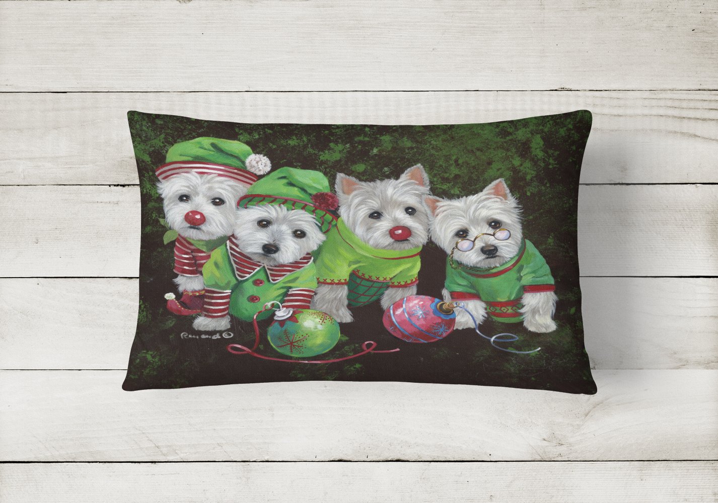 Westie Christmas Santa's Assistants Decorative Throw Pillow 12x16 Indoor Outdoor Accent Cushion, Fabric Cover with Insert for Sofa, Bed, Porch & Living Room