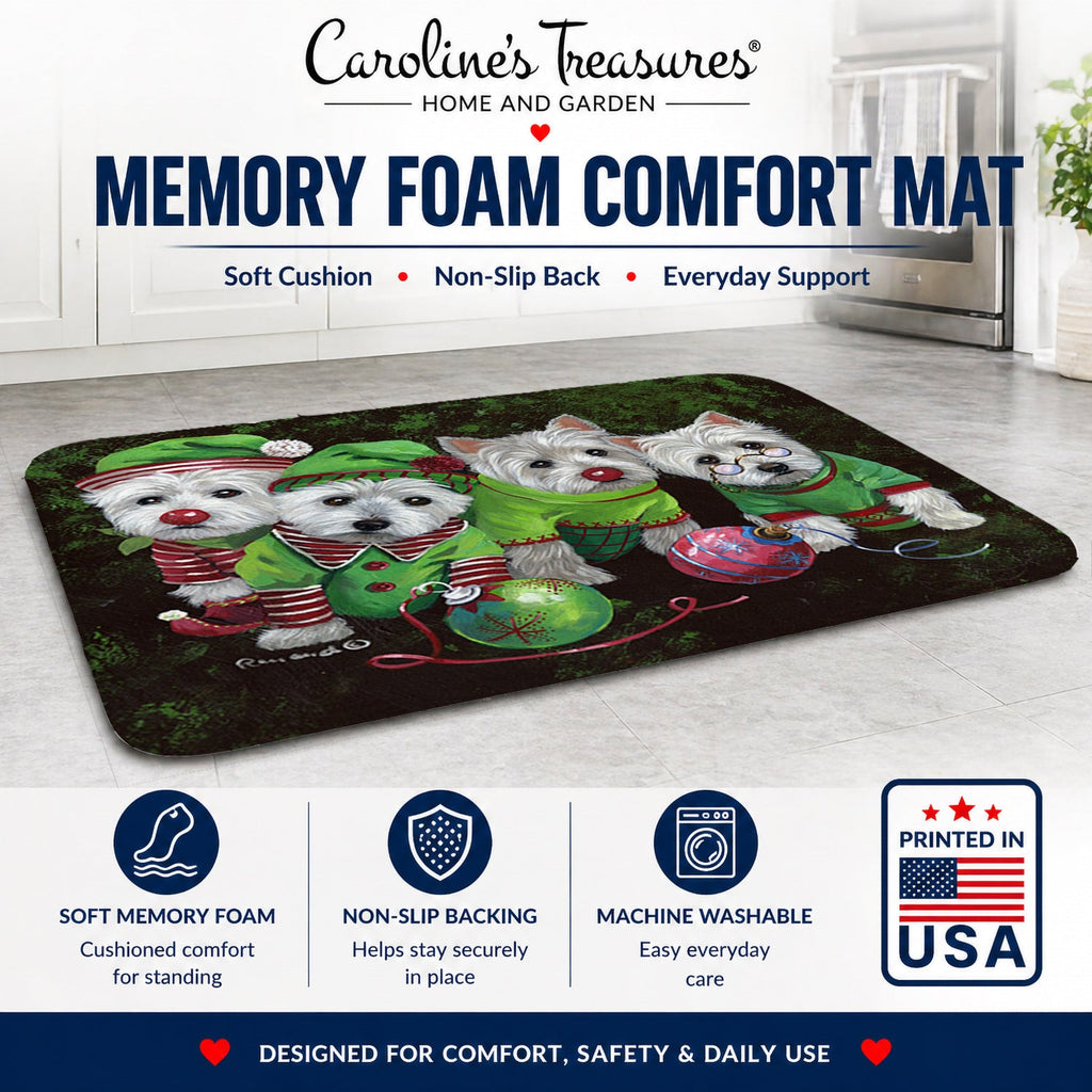 Westie Christmas Santa's Assistants Memory Foam Kitchen Mat Machine Washable Anti-Fatigue Cushion Comfort Bath or Kitchen Rug