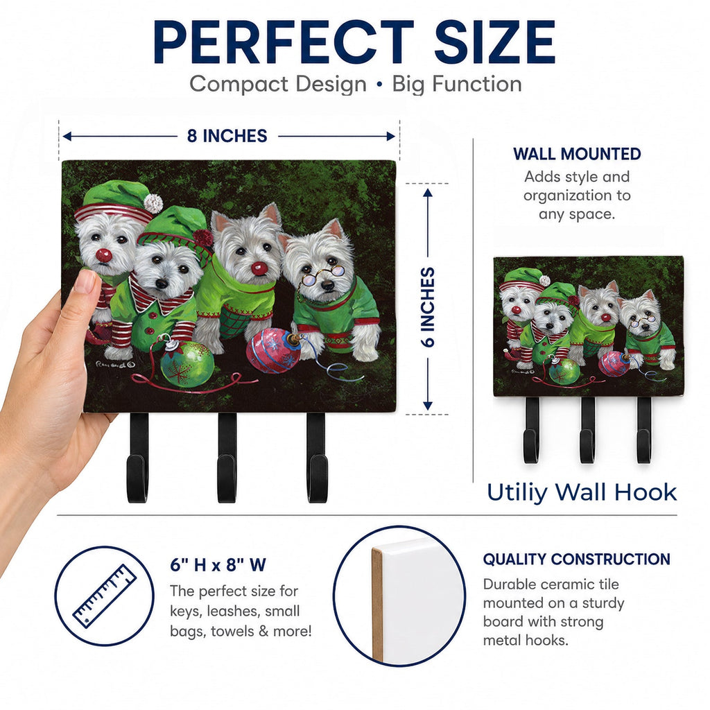 Westie Christmas Santa's Assistants Leash or Key Holder Wall Hooks, Coat Rack Wall Mount, for Hanging Keys, Towels, Aprons, Leashes